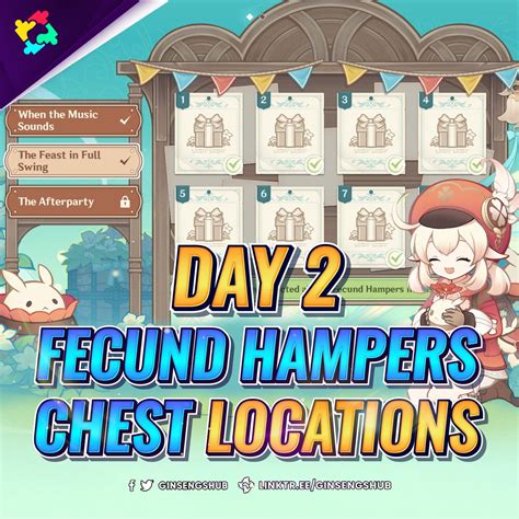 Fecund blessings locations day 2 - Oct 9, 2022 · Hello friends, in this video I will share with you all the Fecund Hampers locations in Genshin Impact. You need to collect them to get full rewards from the ... 